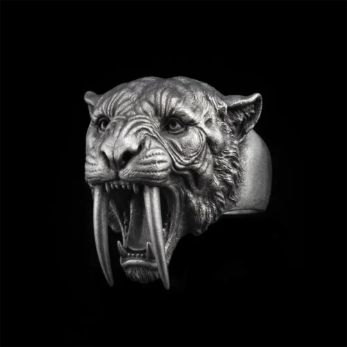 Sabertooth Tiger Ring in 925 sterling silver front view