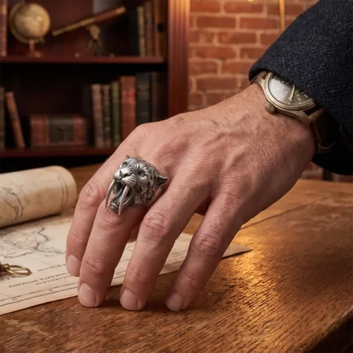 Sabertooth Tiger Ring in 925 sterling silver close detail