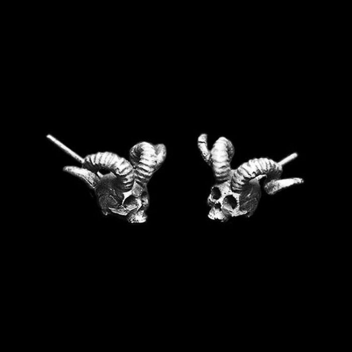 Goat Horn Skull Earrings by MENSSKULL as 925 silver earrings for men