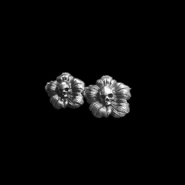 Poppy Flower Skull Earrings by MENSSKULL as 925 silver earrings for men